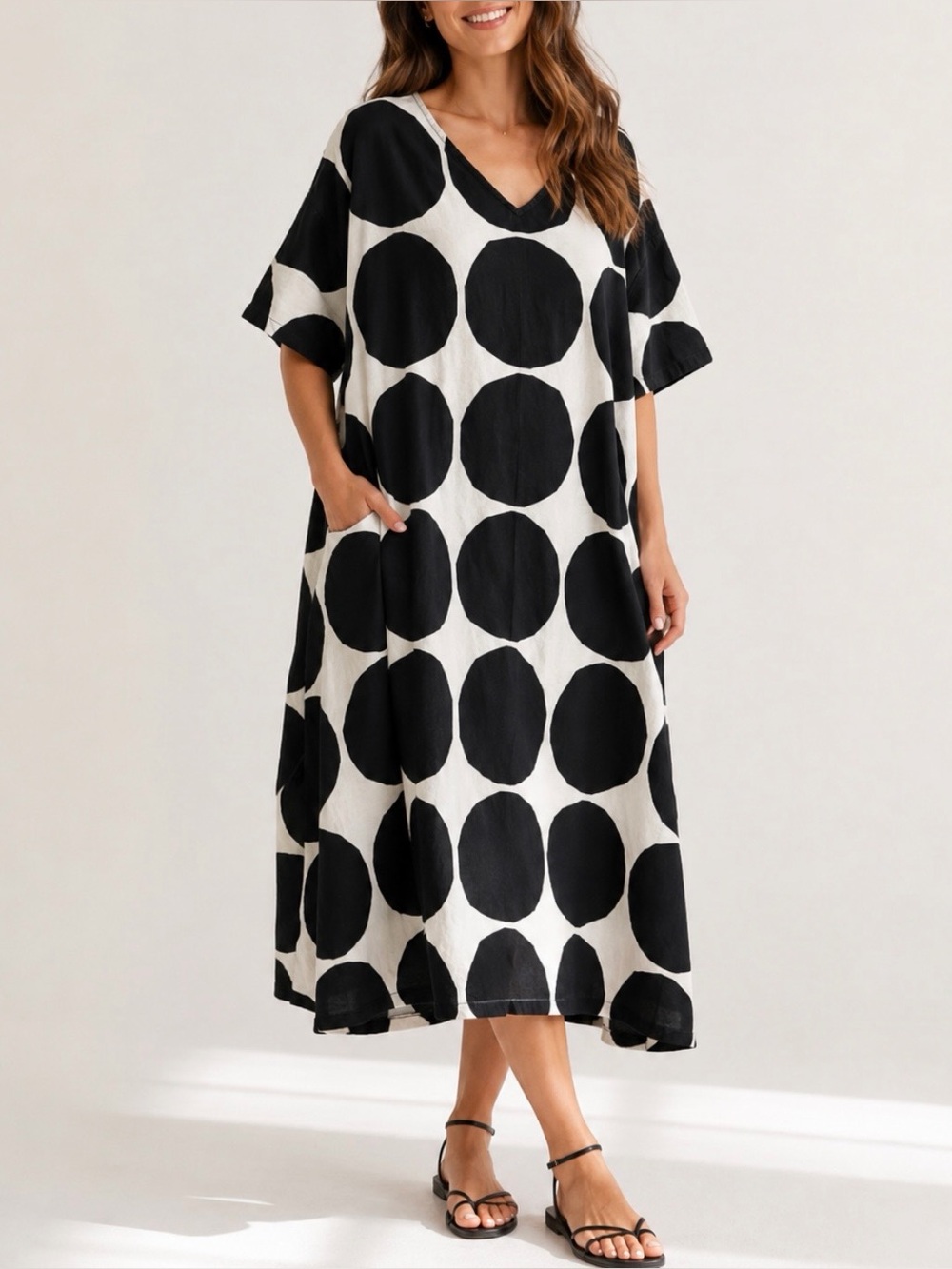 Marimekko x Uniqlo Polka Dot Midi Dress Linen Cotton Oversized Black XS